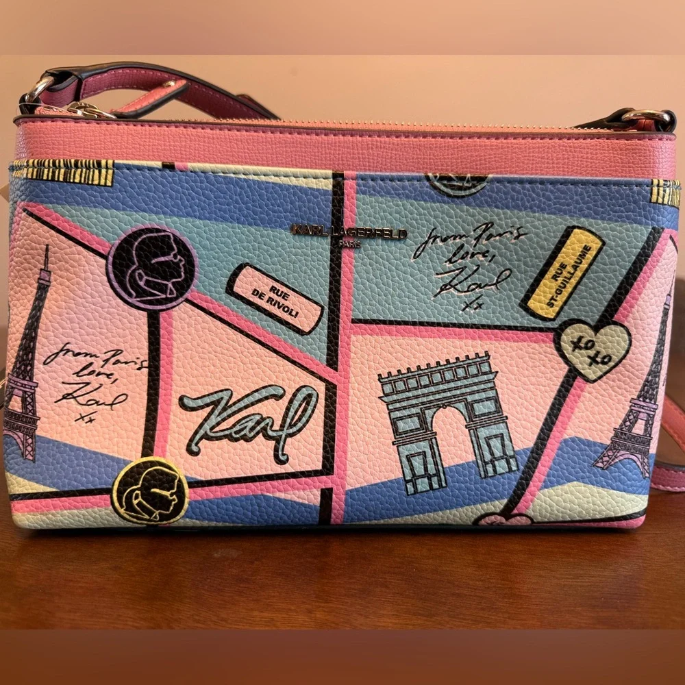 NWT - Brand New Karl Lagerfeld Pink and Blue Leather Crossbody bag - Picture 1 of 8
